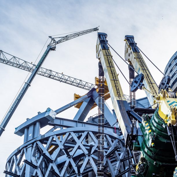 Madrid, Spain - July 12, 2020: Cranes in use in Santiago Bernabeu Stadium redevelopment work